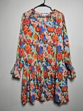 Daily Thread Floral Tiered Split Neck Smocked Sleeve Tunic Babydoll Dress 1X